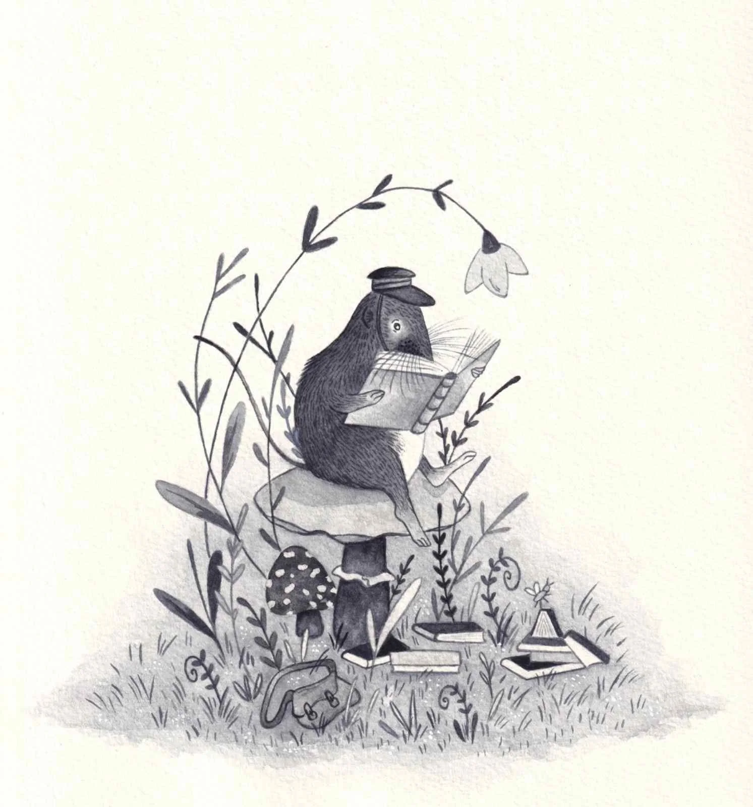 A black and white children's picture book illustration of a shrew sitting on a mushroom reading a book surrounded by nature and books. Whimsical, cosy Watercolour painting by artist Amy James based in Northamptonshire. UK