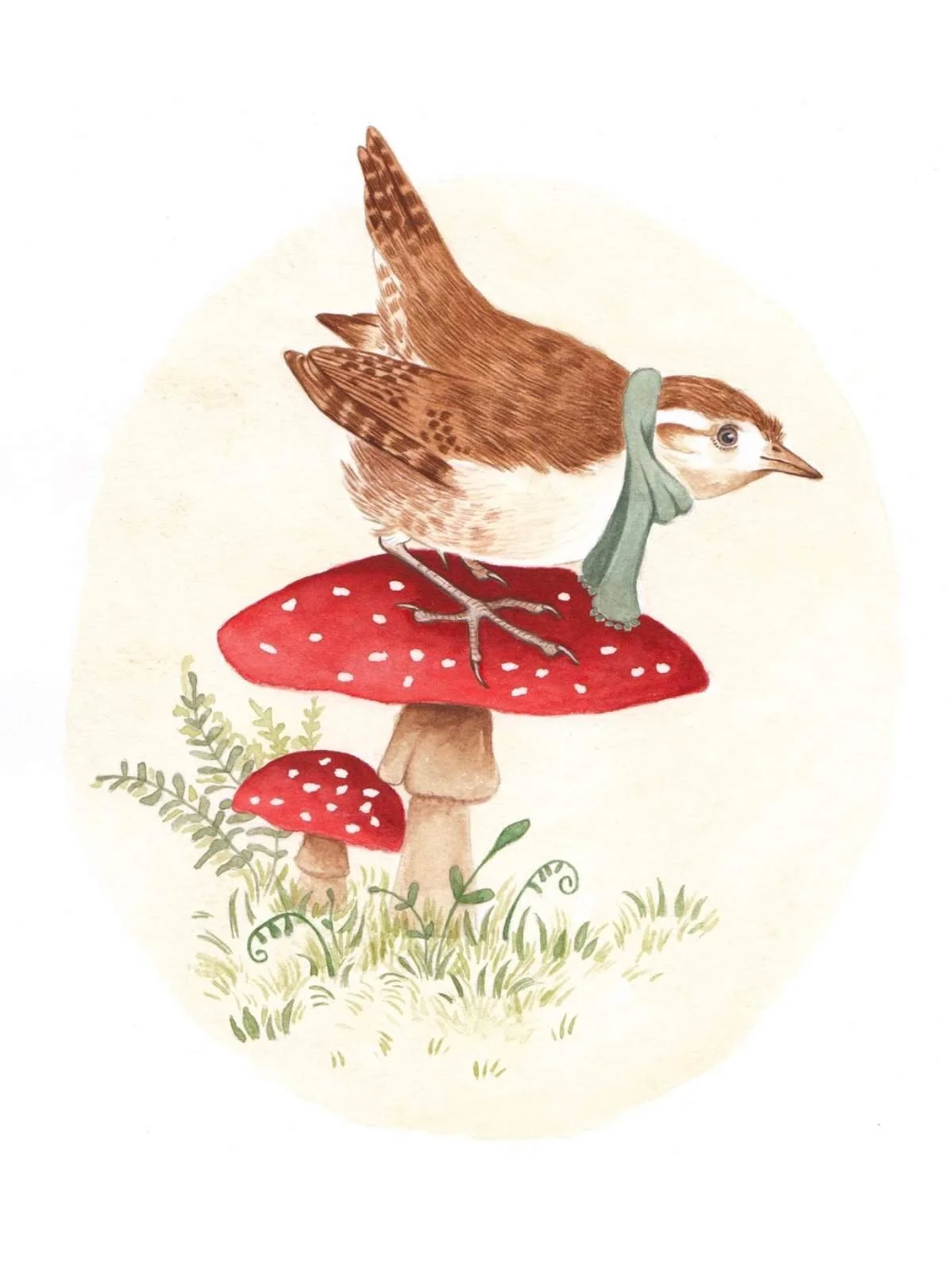 Children's picture book illustration of a wren bird wearing a scarf sat on a mushroom. Whimsical watercolour painting by artist, illustrator Amy James, based in Northamptonshire. UK.