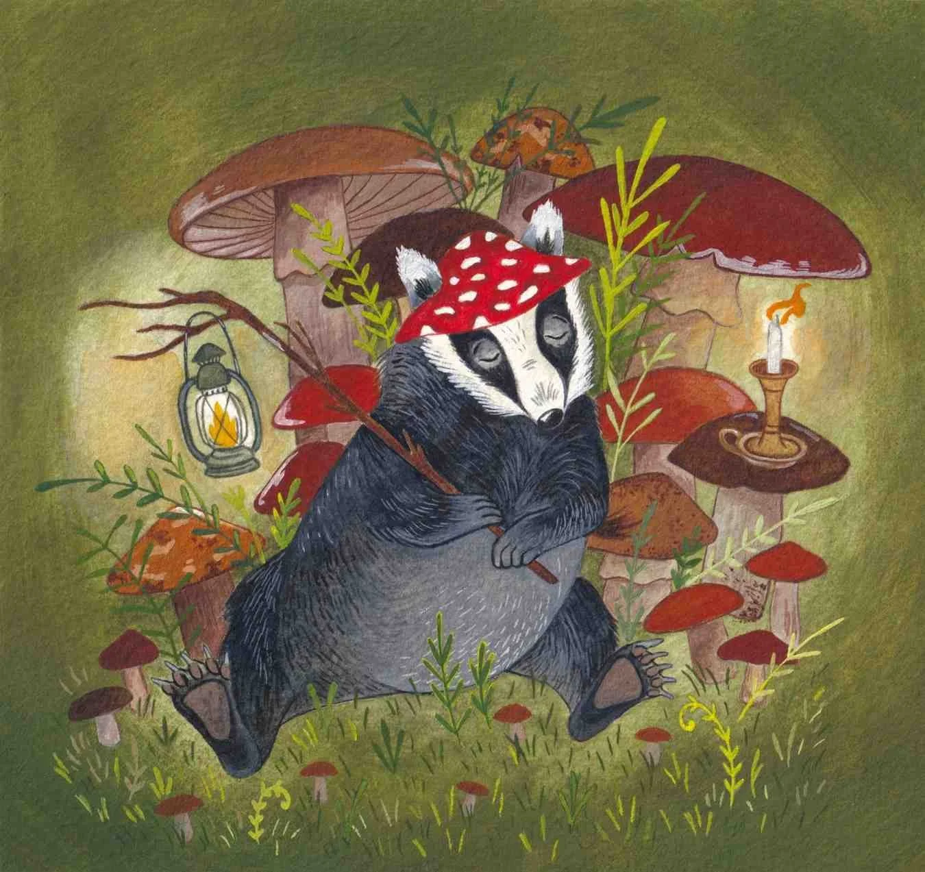 Children's picture book illustration of a cosy, whimsical badger surrounded by mushrooms. A watercolour painting by Northamptonshire artist Amy James.