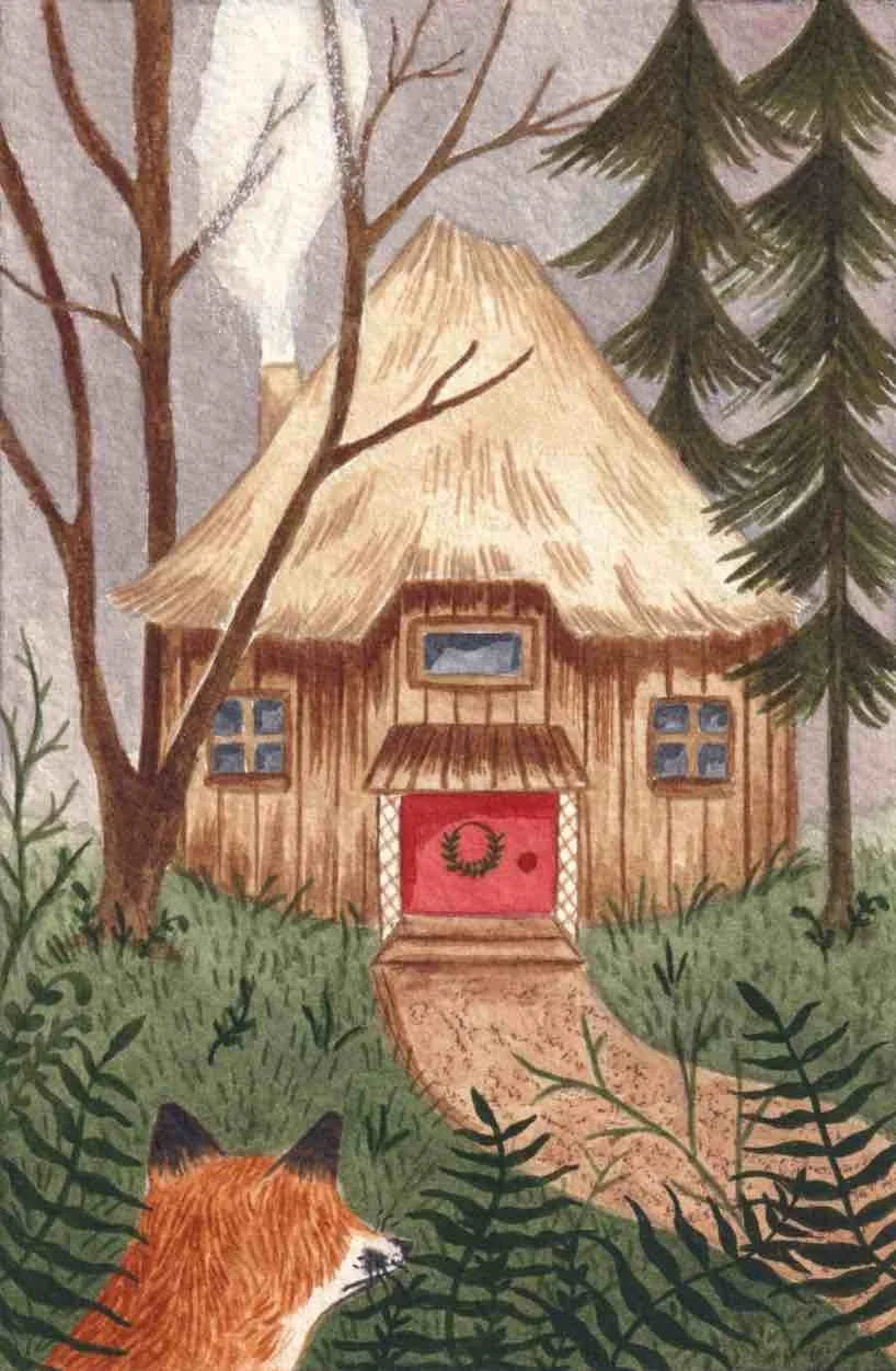Children's picture book illustration of a cottage in the woods with a fox looking, surrounded by trees and ferns. Whimsical watercolour painting by artist Amy James, based in Northamptonshire. UK.