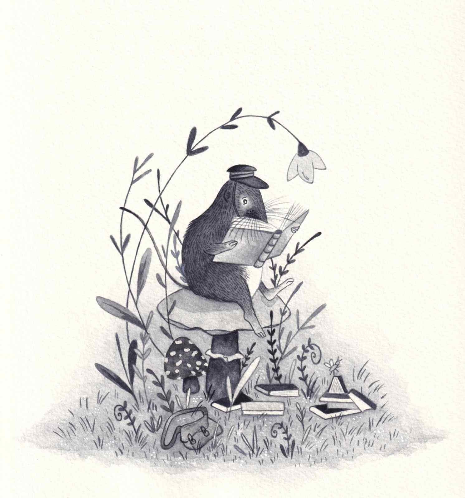 Amy James freelance Northamptonshire artist. A Children’s book illustration, a watercolour painting of a shrew reading a book in nature sat on a mushroom. Whimsical and cosy.