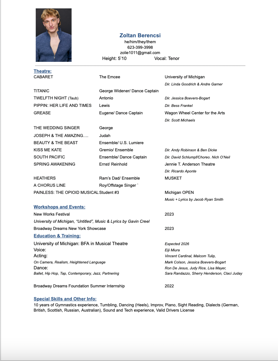 Resume of Zoltan Berenci featuring a portrait photo, personal details, theatre roles, workshops and events, education and training, and special skills.