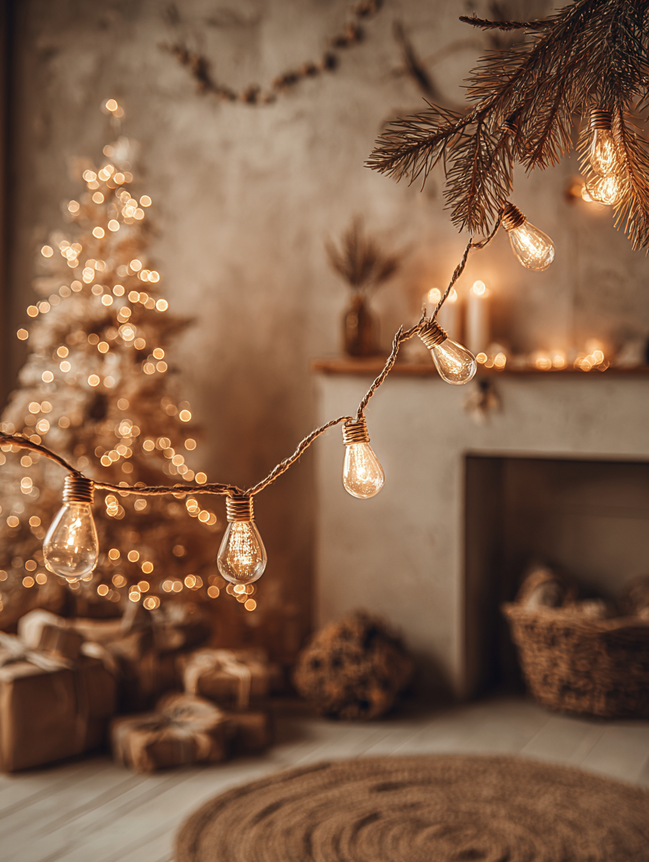 Close-up of hanging string lights shaped like light bulbs in a cozy, warmly lit Christmas setting with a decorated Christmas tree and wrapped gifts in the background.