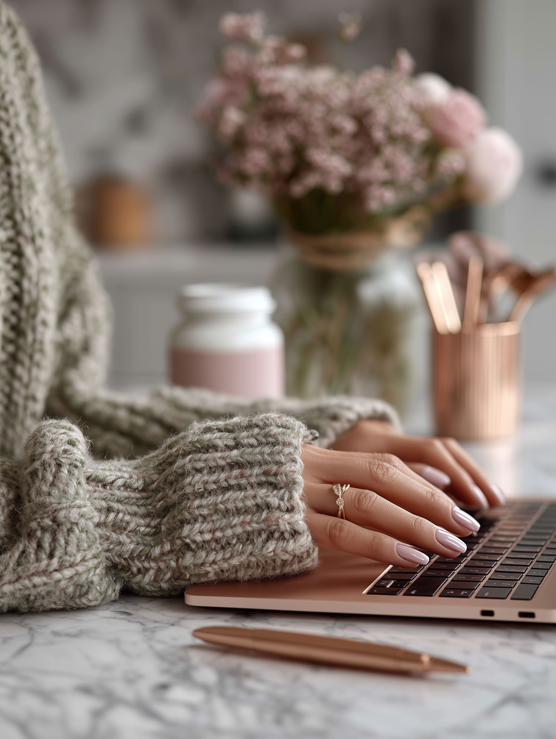 Close-up of a woman's hands typing on a laptop keyboard, with pink flowers and a gold pen pot in the background.