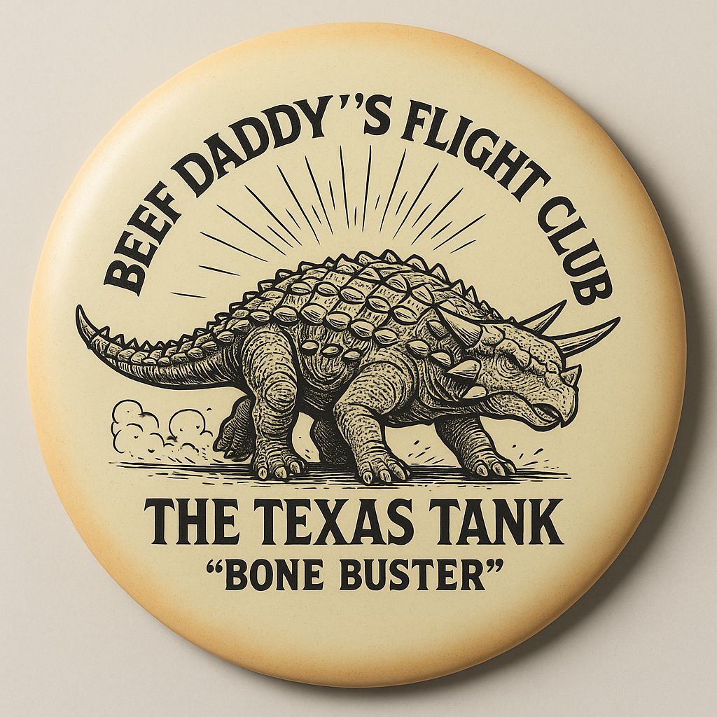 A circular sign with a drawing of a dinosaur with a horn on its nose, surrounded by text that reads "Beef Daddy's Flight Club," "The Texas Tank," and "Bone Buster."