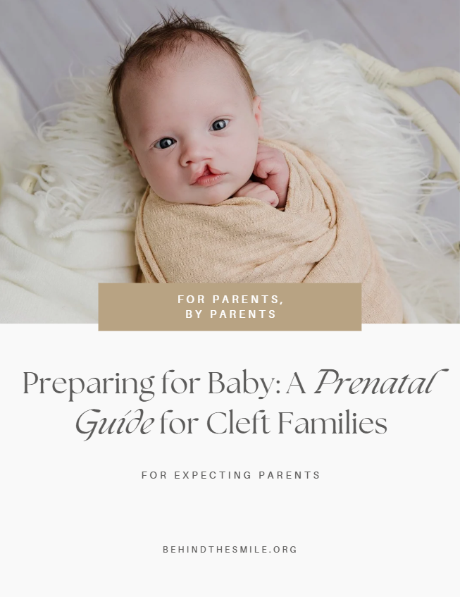 Cover page of a guide titled 'Preparing for Baby: A Prenatal Guide for Cleft Families' with a photo of a baby wrapped in a beige blanket lying in a crib.