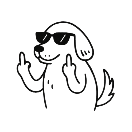 Cartoon dog wearing sunglasses and making a rude gesture with both middle fingers.