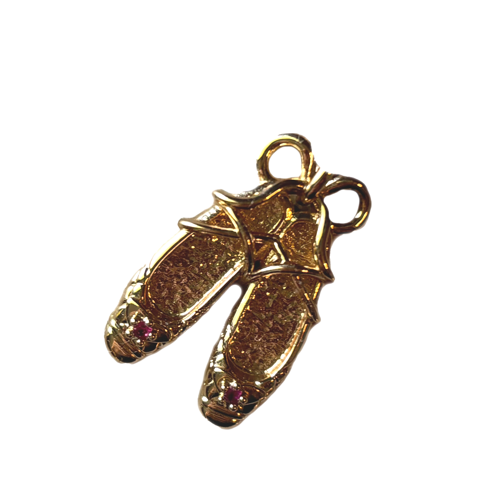 Gold ballet slippers charm with pink stones on toes.