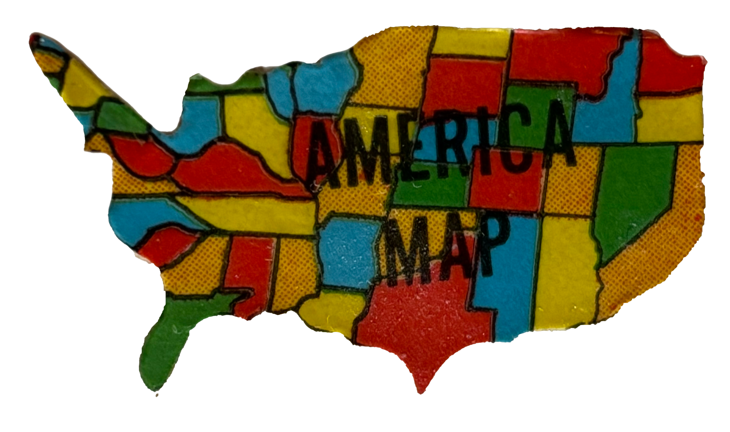 Colorful map of the United States with states outlined and filled with various colors, containing the text "America Map."