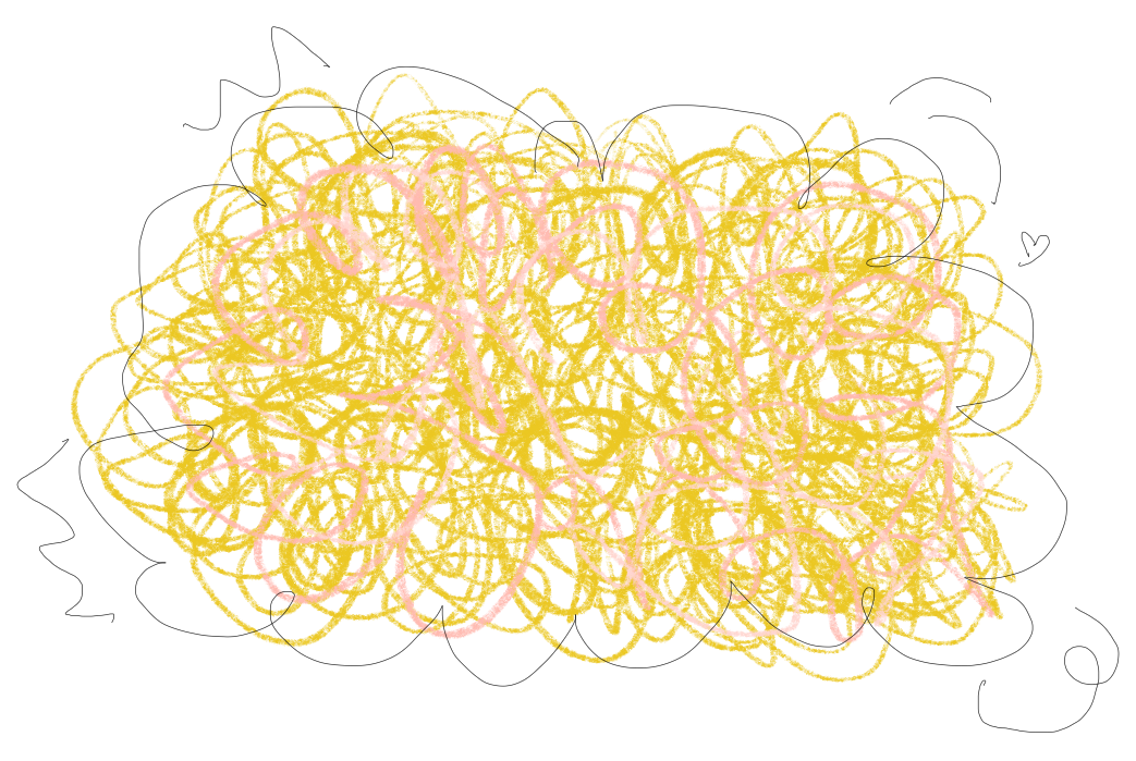 Yellow background with pink tangled scribbles.