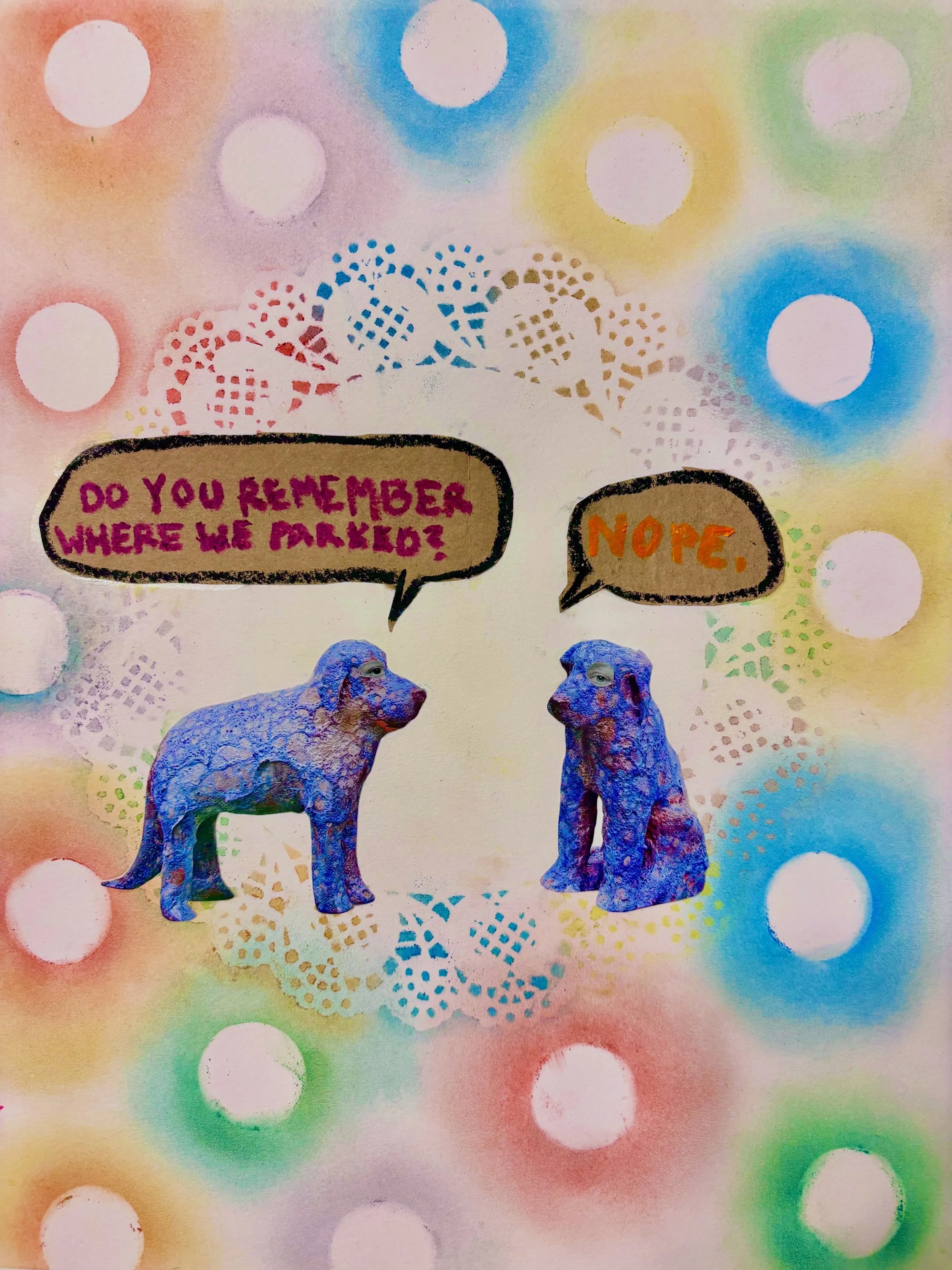 😂😂😂😂😂😂😂😂😂🐶
yes i used eyeshadow for this🙌

paper doily + confetti as stencils
paper, eyeshadow, magazine cutouts
oil pastel

#mixedmedia #collage #oilpastels #stencilart #maximalistart