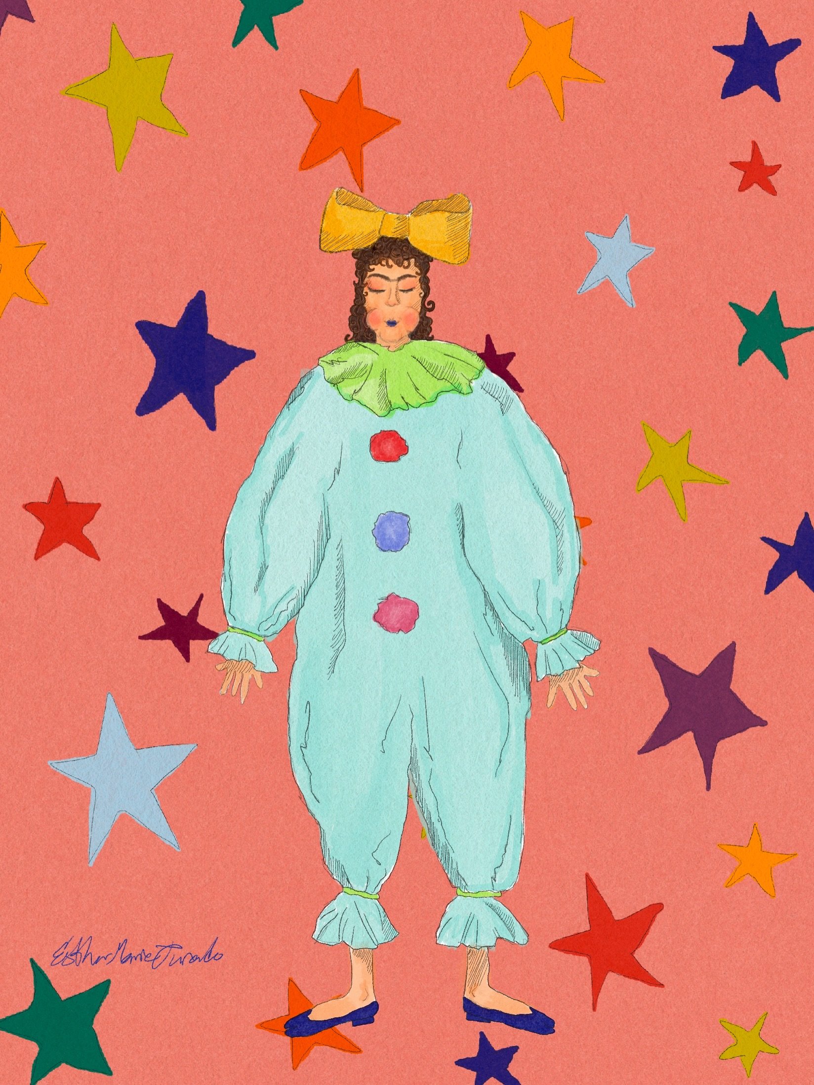 me wearing tabis that i don&rsquo;t own in a clown outfit i imagined in a galaxy that doesn&rsquo;t exist⭐️

#illustration #procreate #circusart #colorfulart #selfportrait