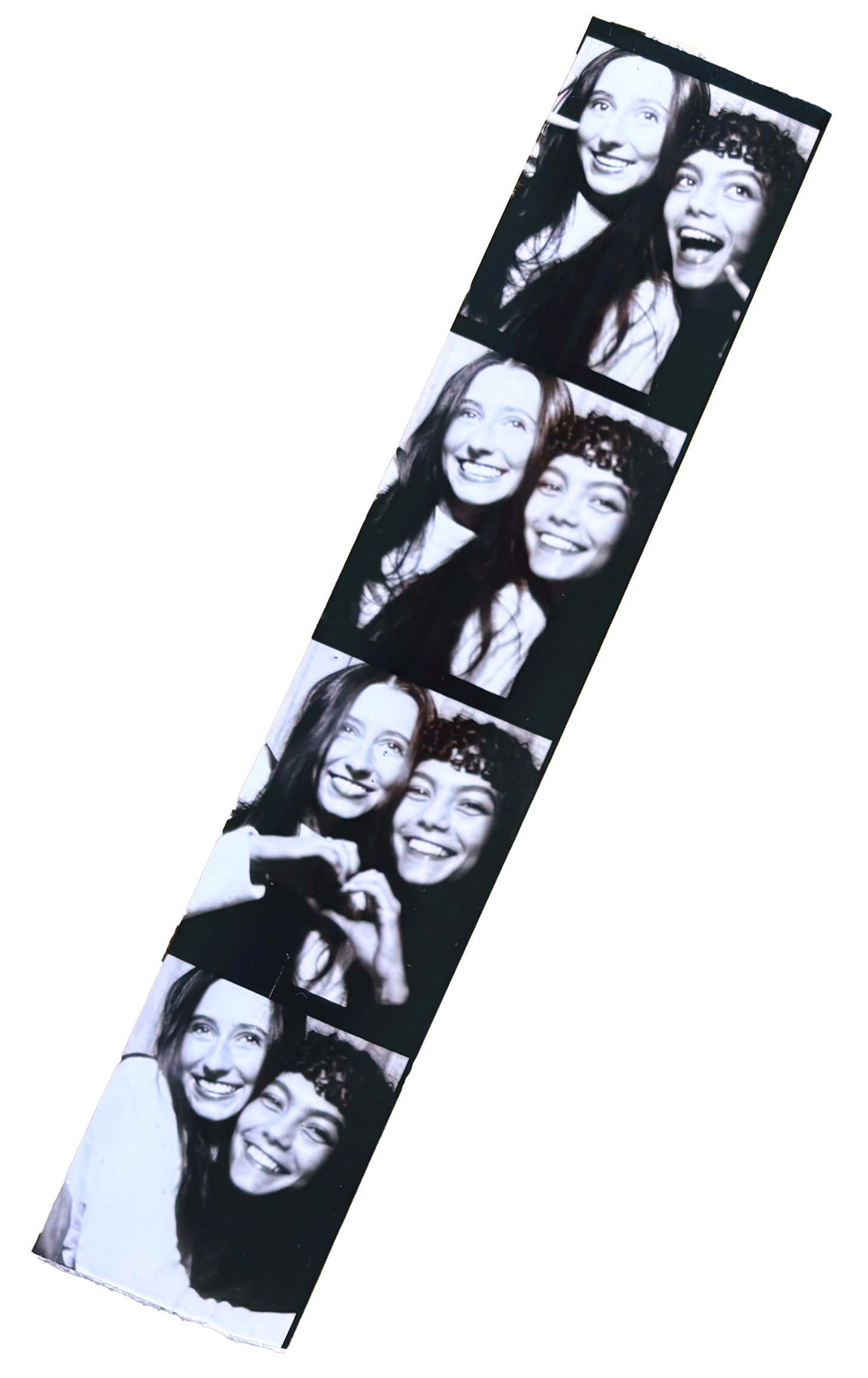 Photo booth strip with four black-and-white images of Esther and Sophia making different facial expressions and gestures, including a heart shape with their hands.