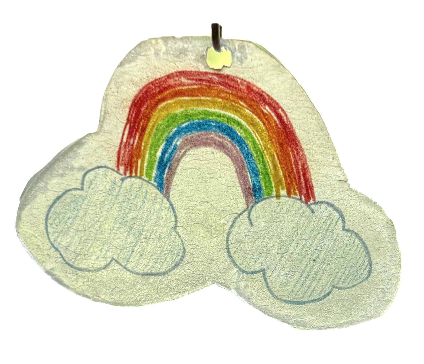 Hand-drawn rainbow with red, orange, yellow, green, blue, indigo, and violet arcs, with clouds on each side, on a textured paper background