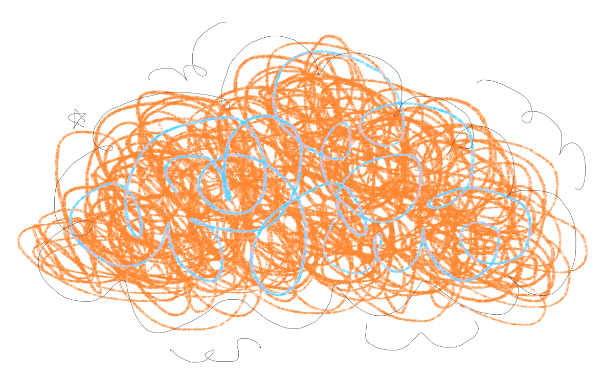 Colorful abstract scribbles on black background, mainly orange with blue lines interwoven.