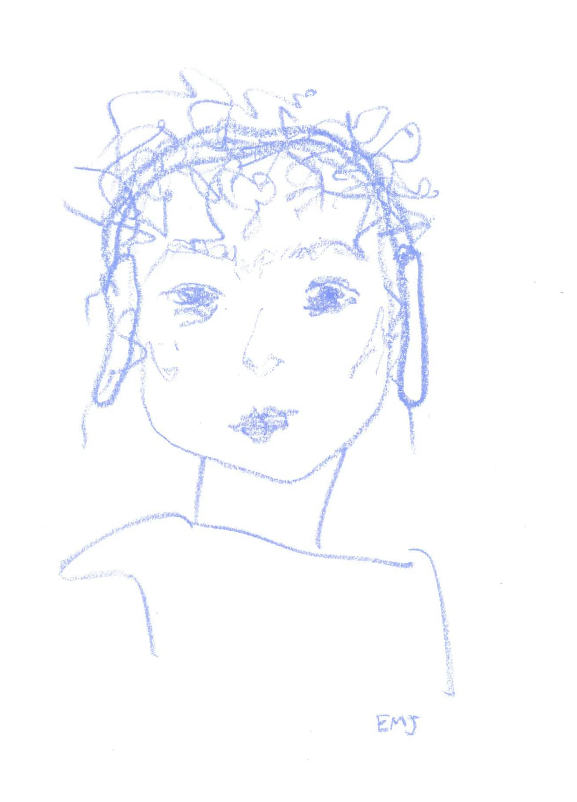 A portrait sketch of a woman with styled hair, accentuated lips, and an elegant appearance, drawn with blue lines on white paper.