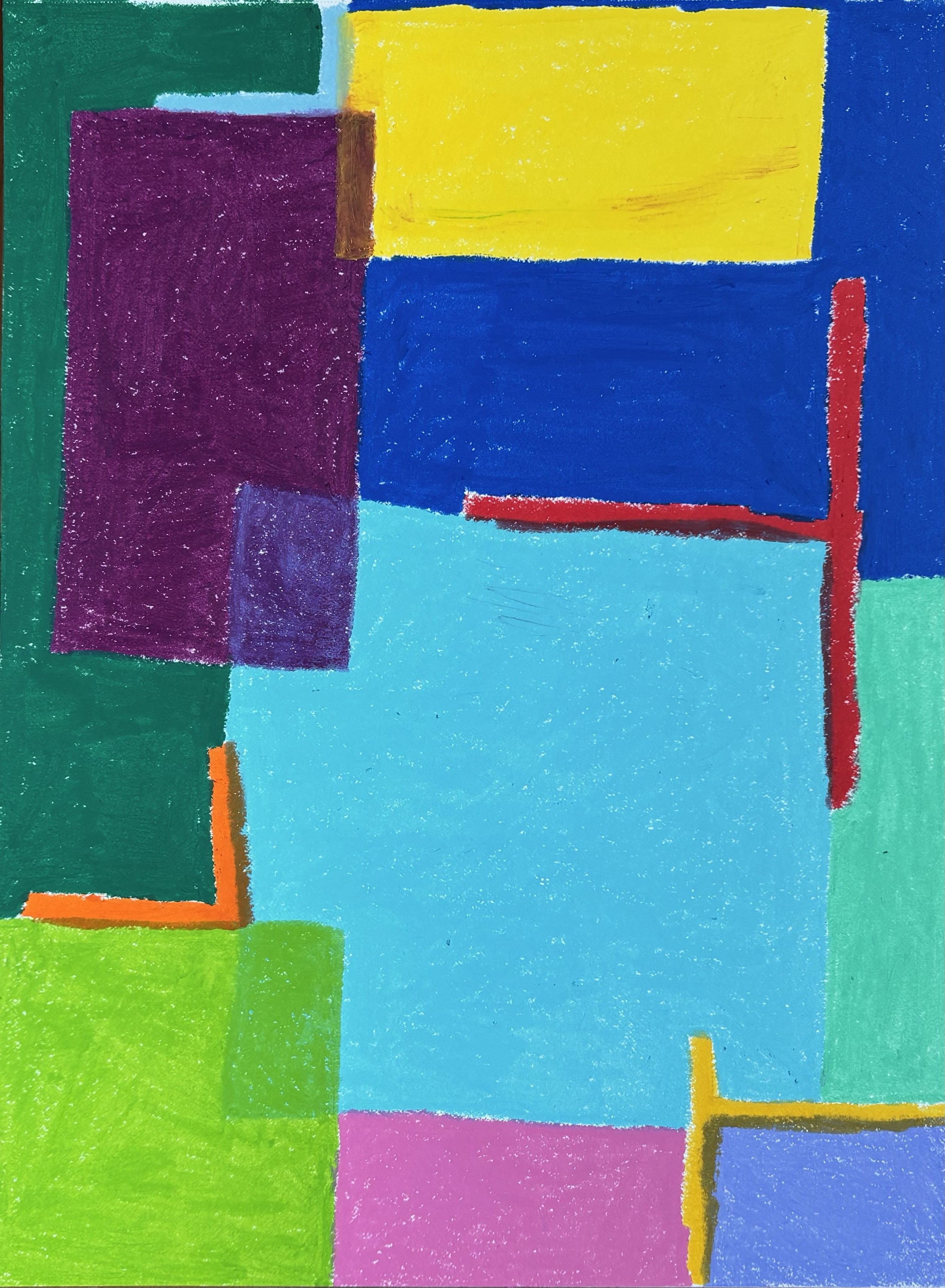 Abstract colorful geometric painting with rectangles in various bright colors, including purple, yellow, blue, green, pink, and red.