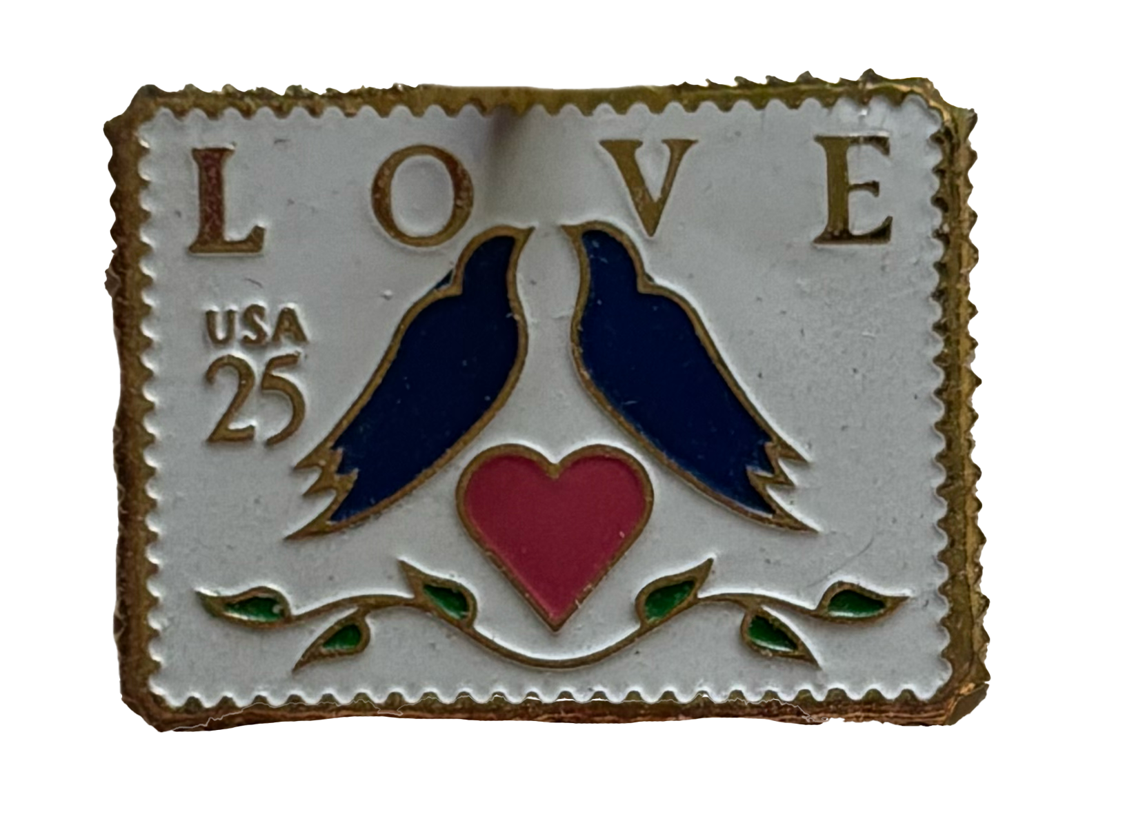 Decorative square pin with the word 'LOVE' at the top, two blue stylized birds facing each other with a pink heart below, green leaves at the bottom, and the text 'USA 25' on the left side.