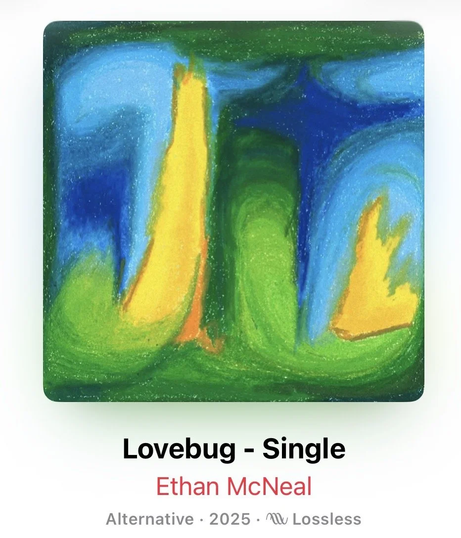 Abstract colorful artwork with shades of blue, green, yellow, and orange, forming a loose, flowing design.