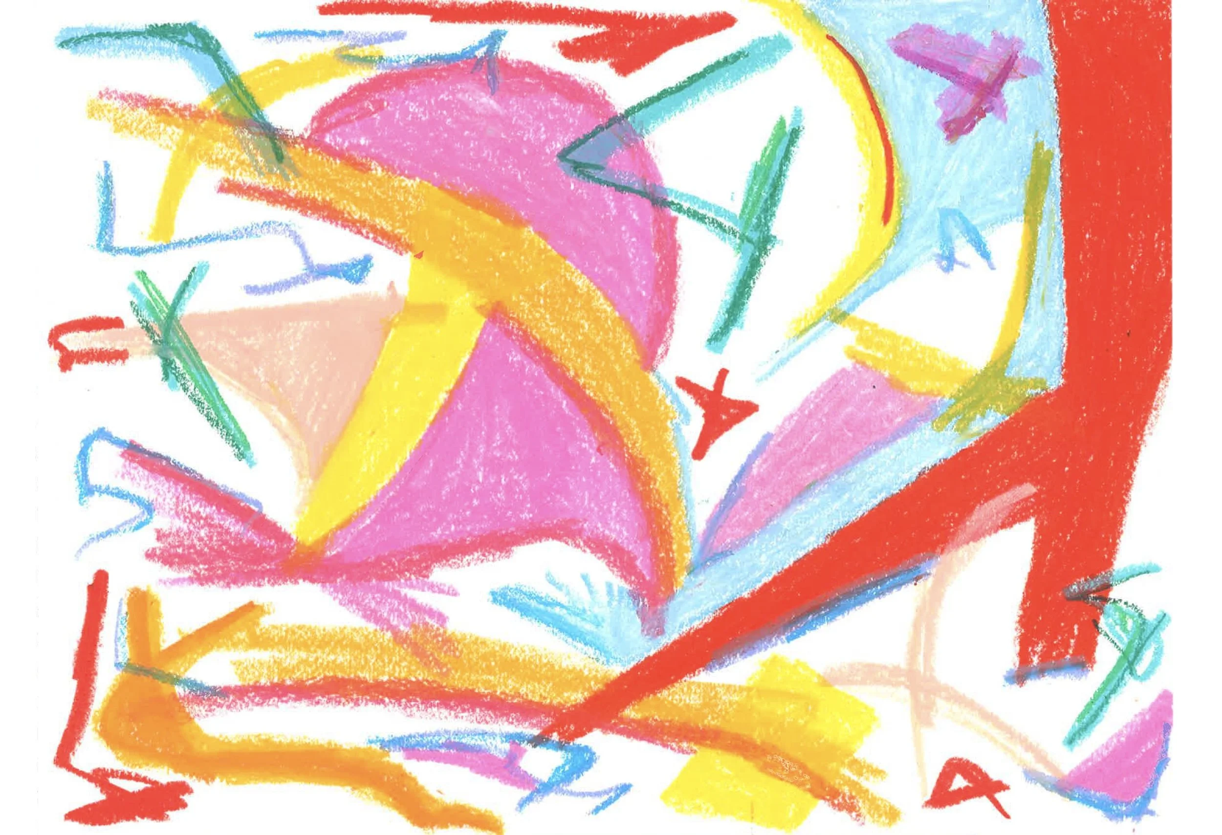 Colorful abstract drawing with various scribbles and shapes in pink, yellow, blue, green, orange, and red.