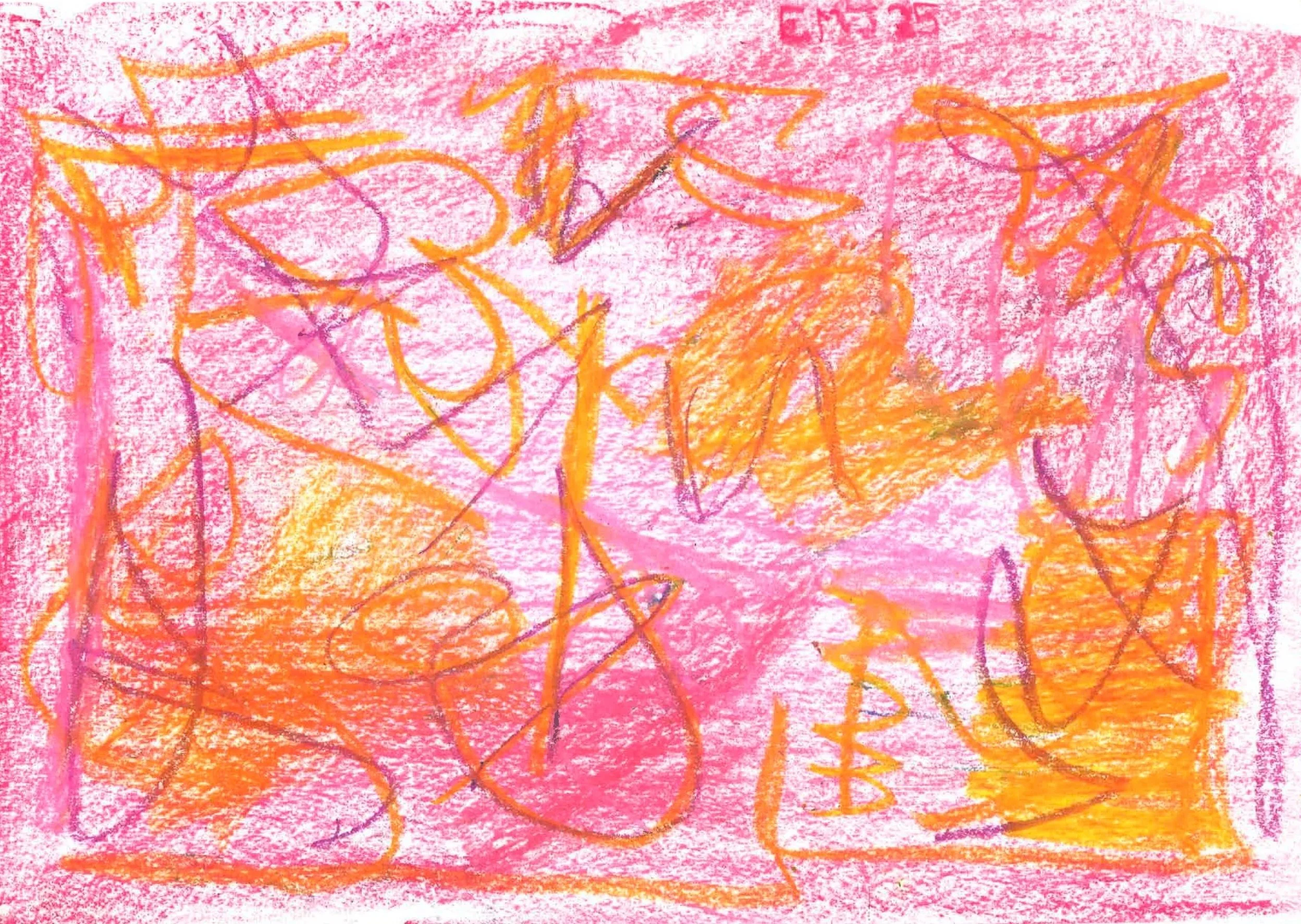 Colorful abstract oil pastel drawing on pink paper, featuring various scribbles and shapes in orange, pink, purple, and yellow.