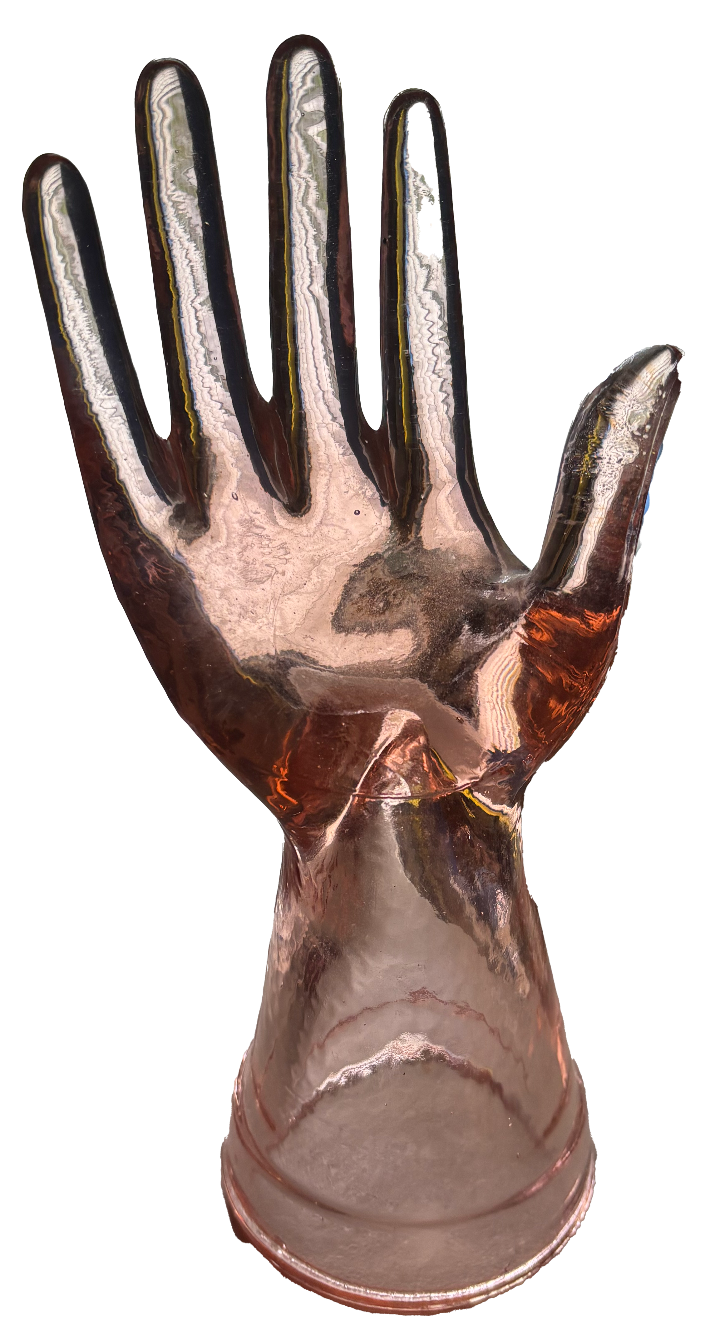 A pink glass sculpture of a hand with five fingers, mounted on a circular base.