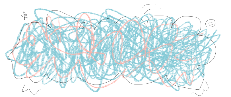 Colorful scribbles in pink and blue on black background.