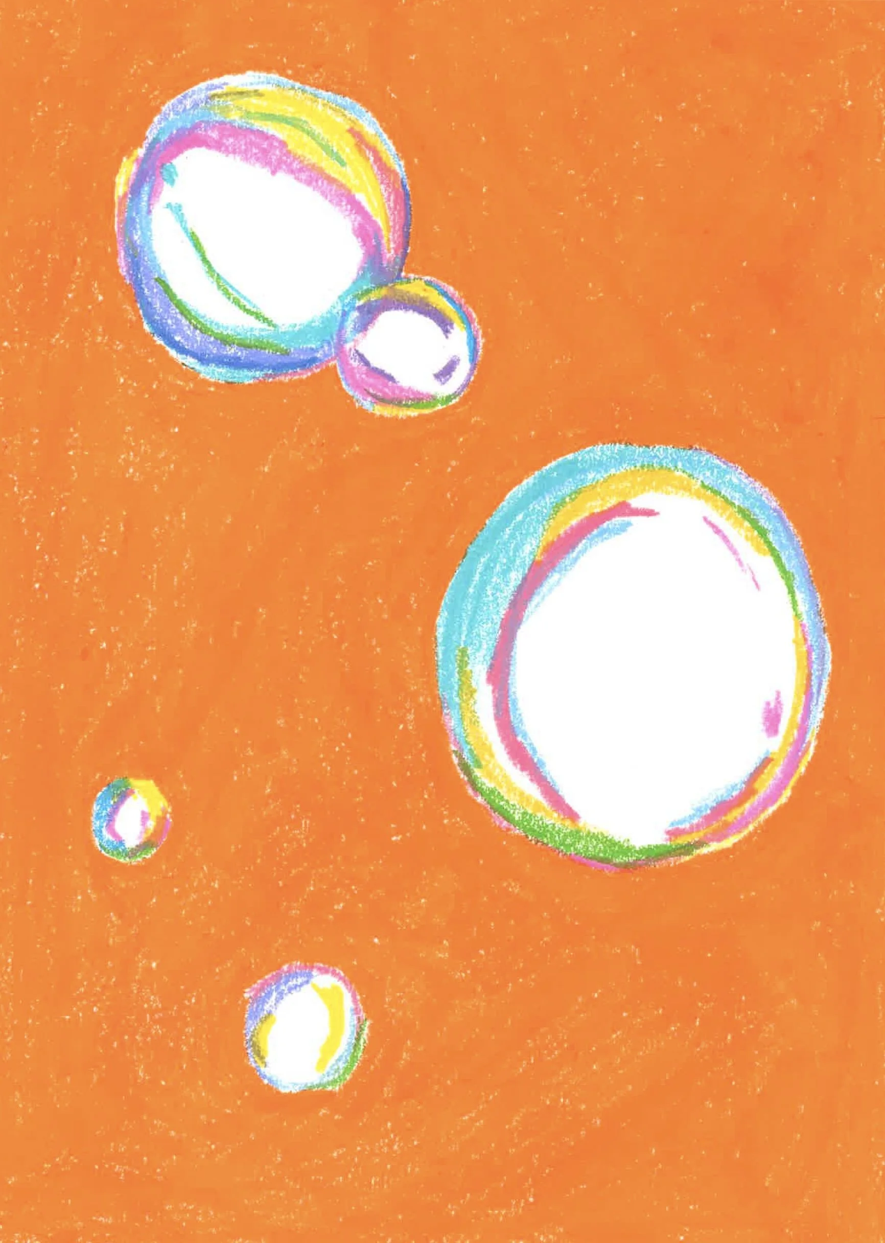 Colorful abstract drawing of bubbles of various sizes on an orange background.