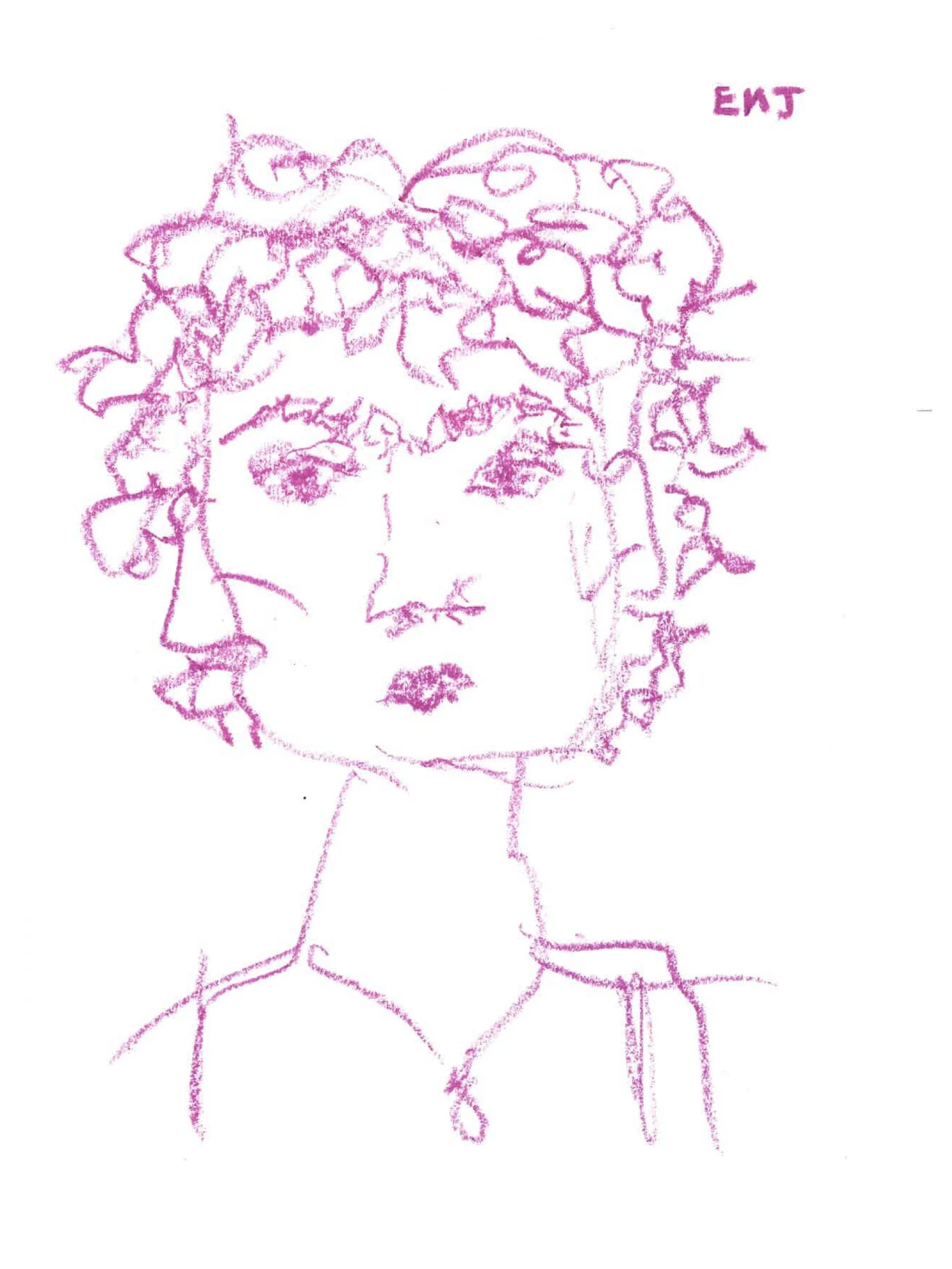 A pink oil pastel drawing of a person's face with curly hair, lips, and eyes.