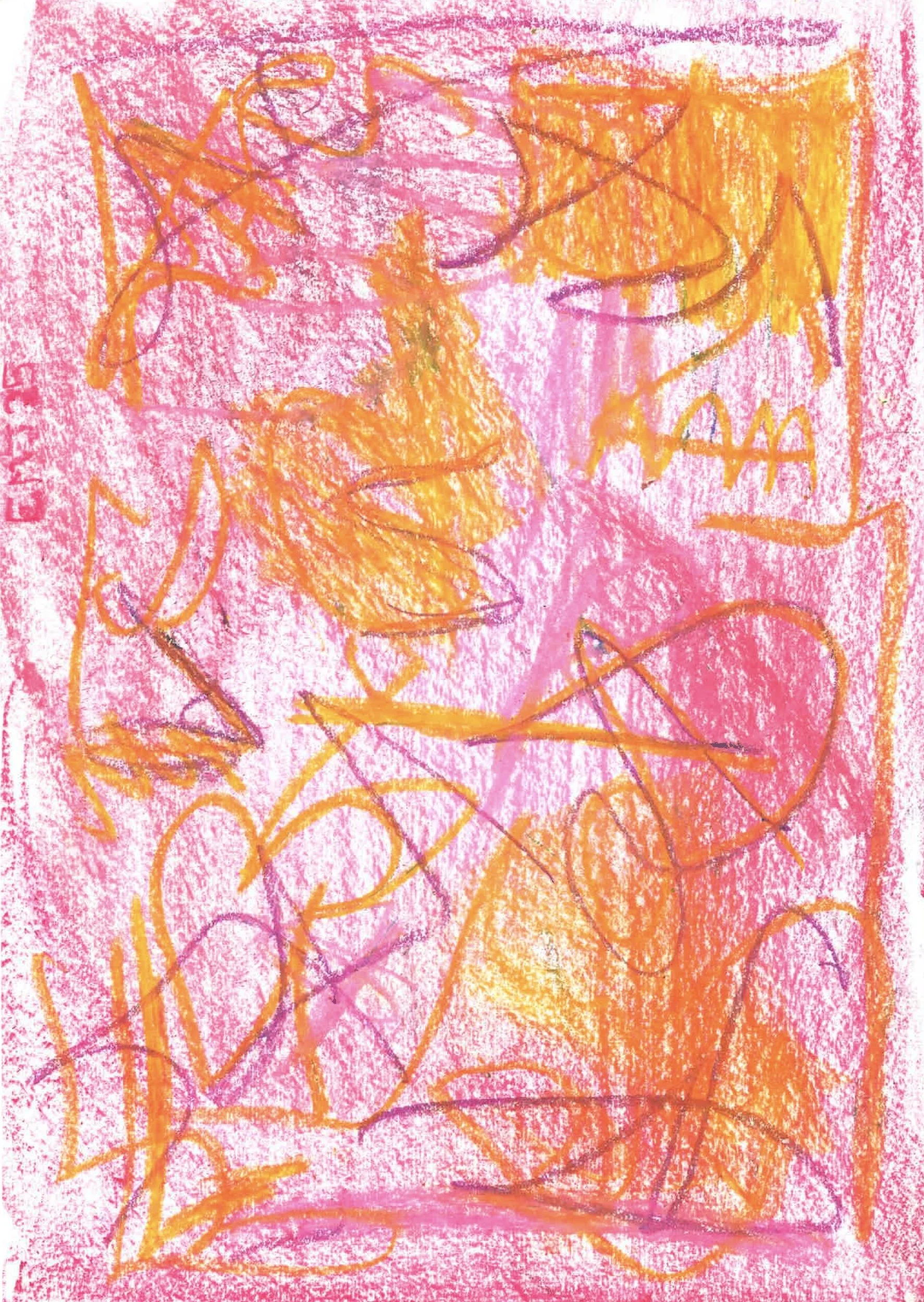 Colorful children's drawing with pink background, orange scribbles, hearts, and abstract shapes.