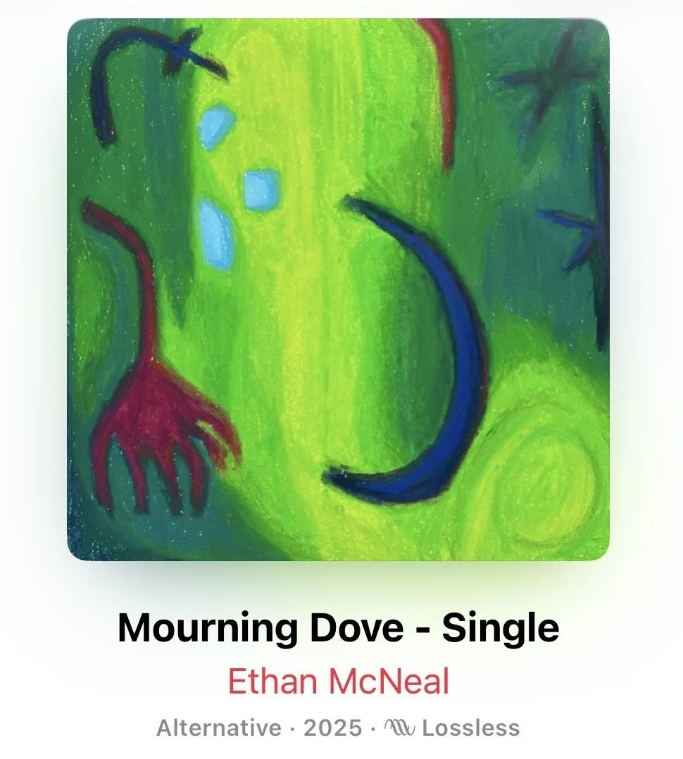 A colorful abstract painting depicting a red dove, a dark blue crescent moon, and other shapes on a bright green background with textured strokes.