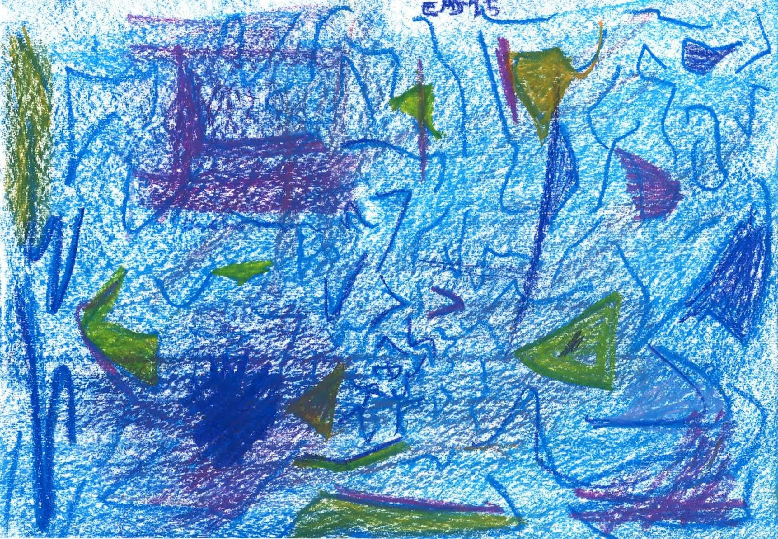 Colorful oil pastel drawing with blue background, green triangles, and various abstract shapes.