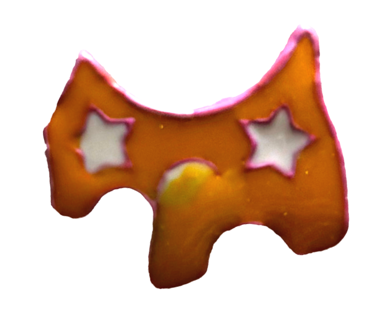 Decorative cookie in the shape of a star with pink icing border and star-shaped cutouts in the center, with white icing details.