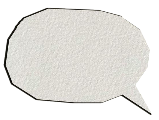 Speech bubble with a textured white background and a black outline and small tail pointing downwards.