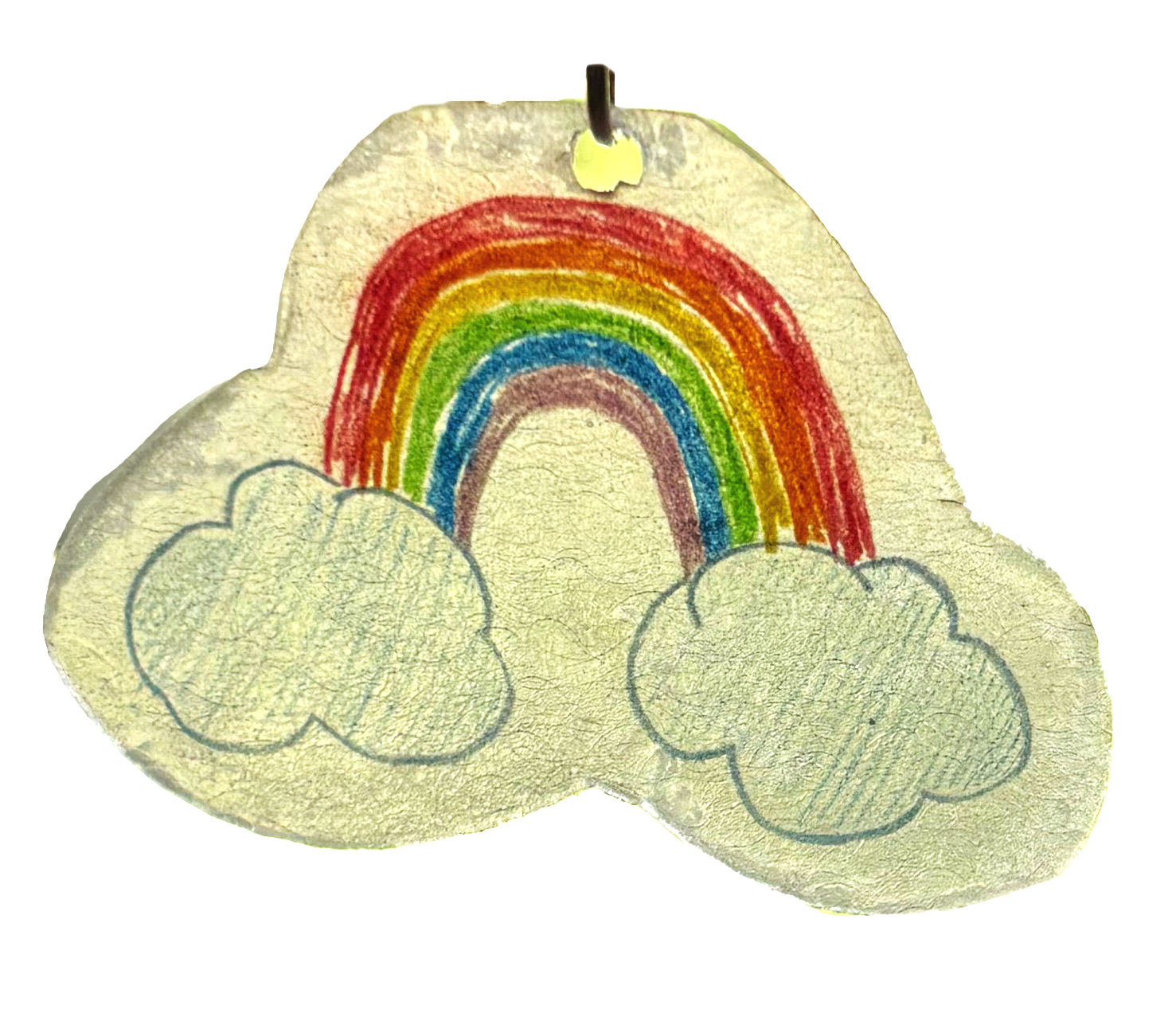 Colorful drawing of a rainbow with clouds on a piece of textured paper