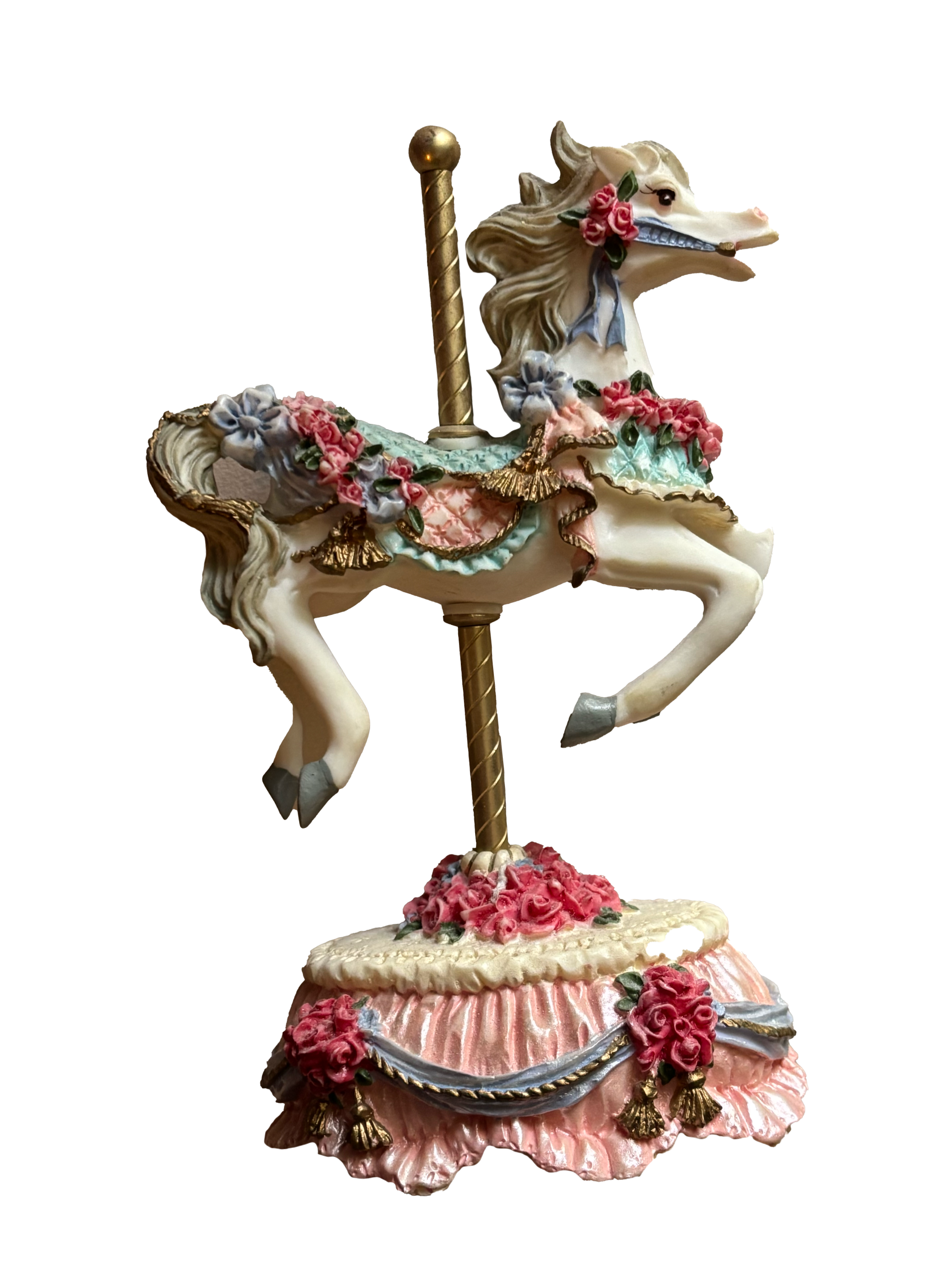 Decorative carousel horse figurine with pink and white floral decorations, set on a pink base with gold accents.