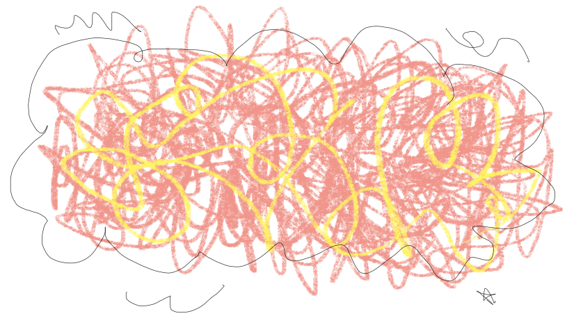 Abstract chaotic scribbles in pink and yellow on a black background.