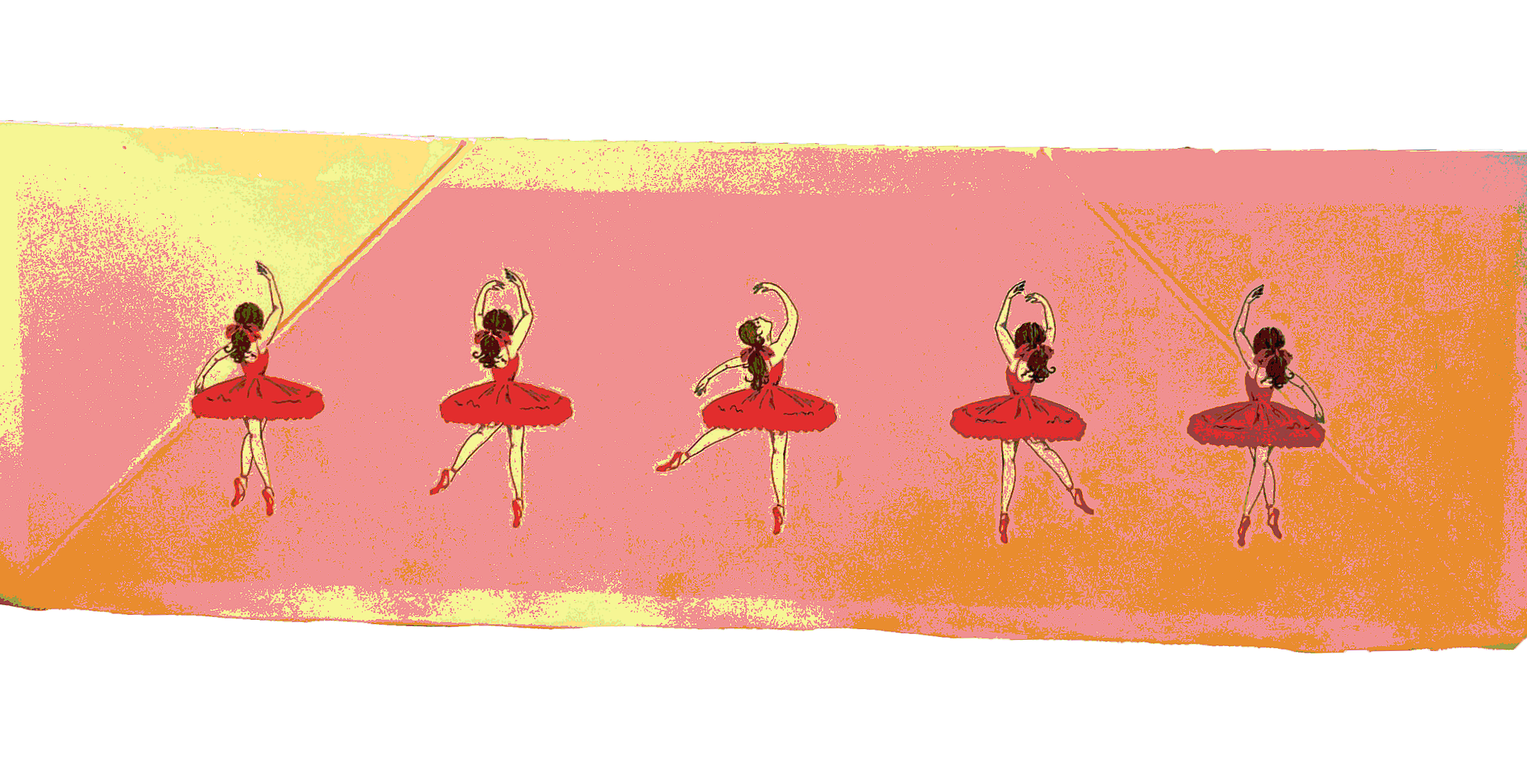 Five ballerinas in red tutus practicing ballet on a stage with a pink background.