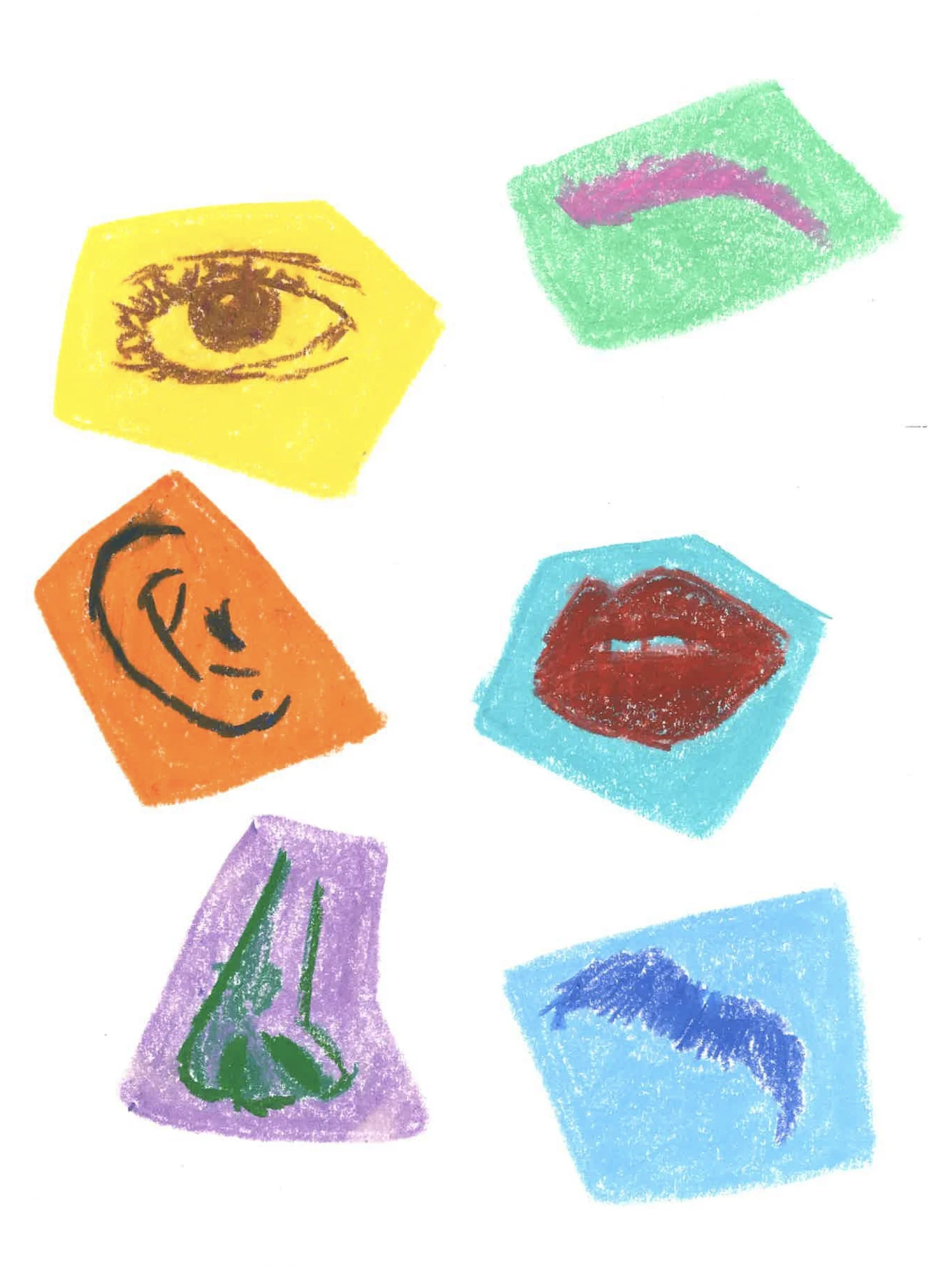 Colorful oil pastel drawing of a yellow eye, green lips, orange ear, red lips, purple nose, blue lips, and green eyebrows on colored square backgrounds.