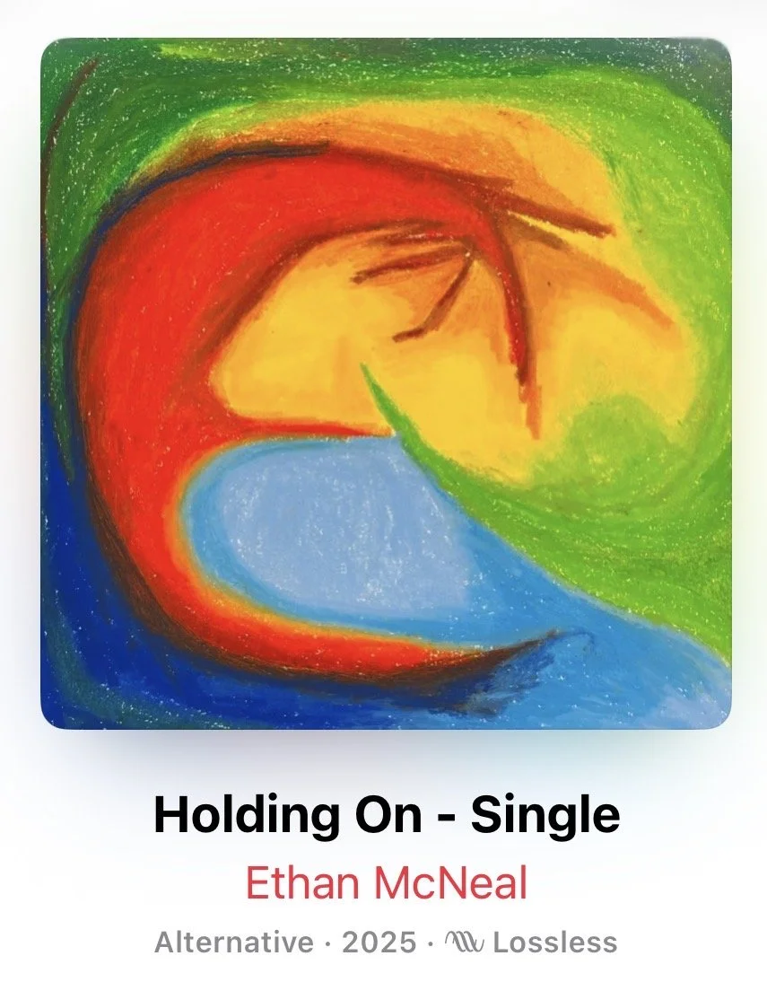 Abstract colorful artwork with red, yellow, green, and blue swirling shapes.