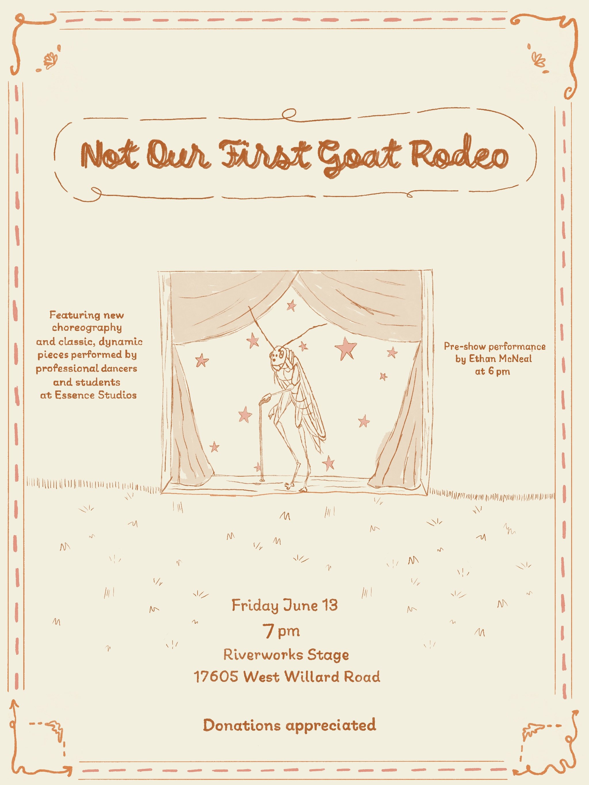 Hand-drawn poster for a performance titled "Not Our First Goat Rodeo". It features a stage, complete with a performing cricket under hanging stars. The event details include date, time, location, and notes about performances and donations.