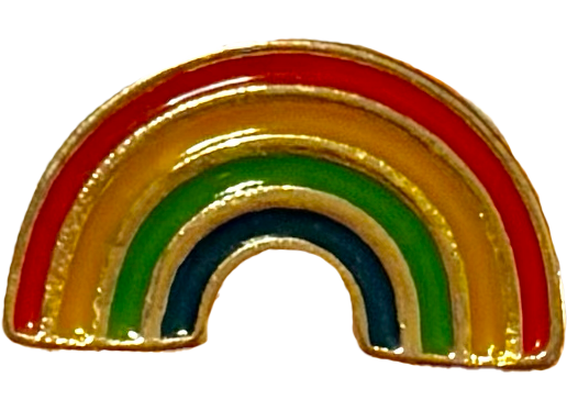 Colorful rainbow enamel charm with red, yellow, green, and blue arcs.
