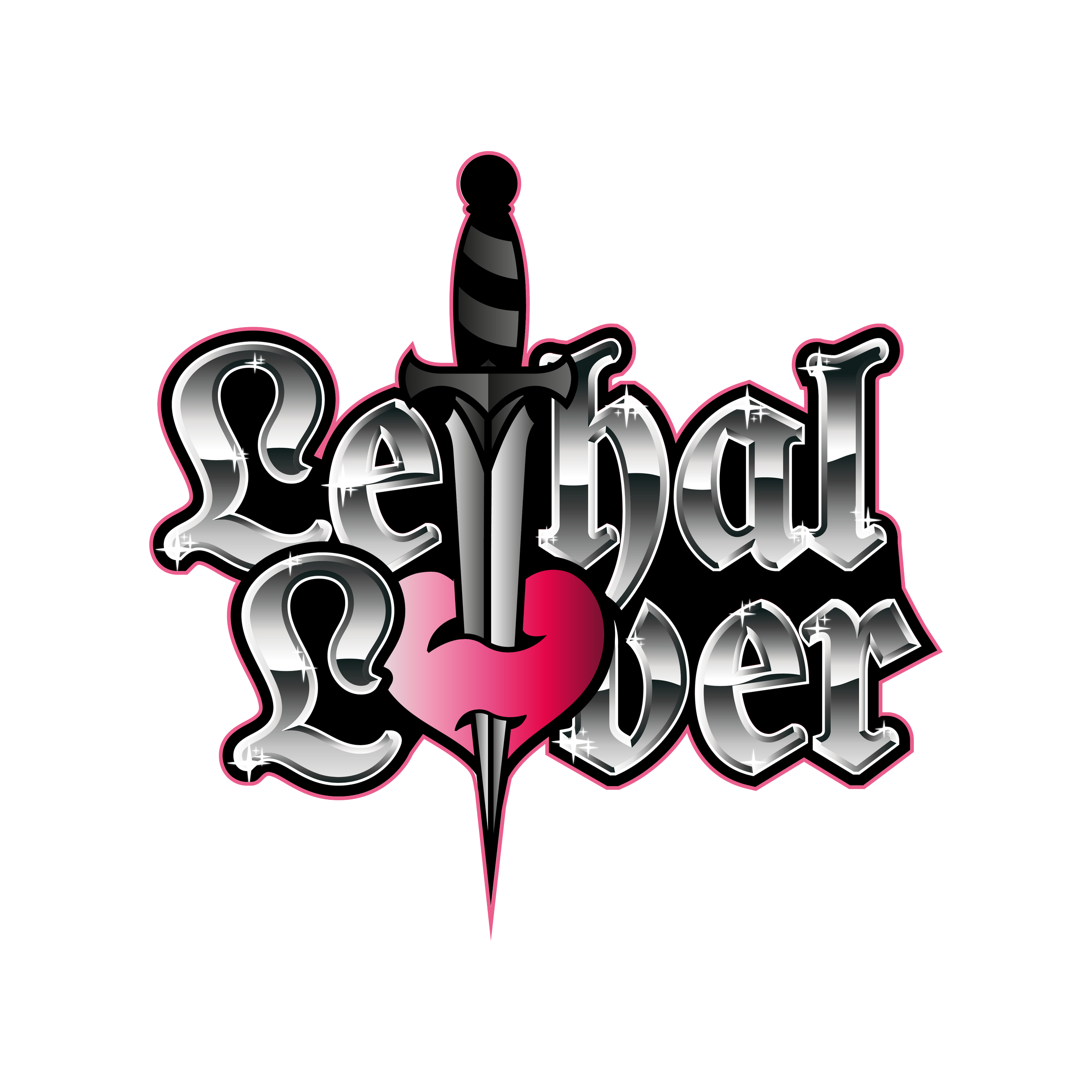 Official logo of Lethal Lover Designs. Illustration with the words 'Lethal Lover' in stylized font, featuring a dagger through a heart at the center, with a black and pink color scheme.