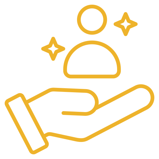 Outline illustration of a hand holding a shiny coin or object with sparkles and a circle above it.