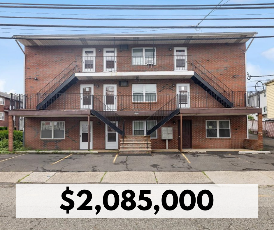 A three-story brick apartment building with external staircases on each side leading to the second and third floors. There is a parking lot in front with yellow lines, and a price of $2,085,000 is written at the bottom.