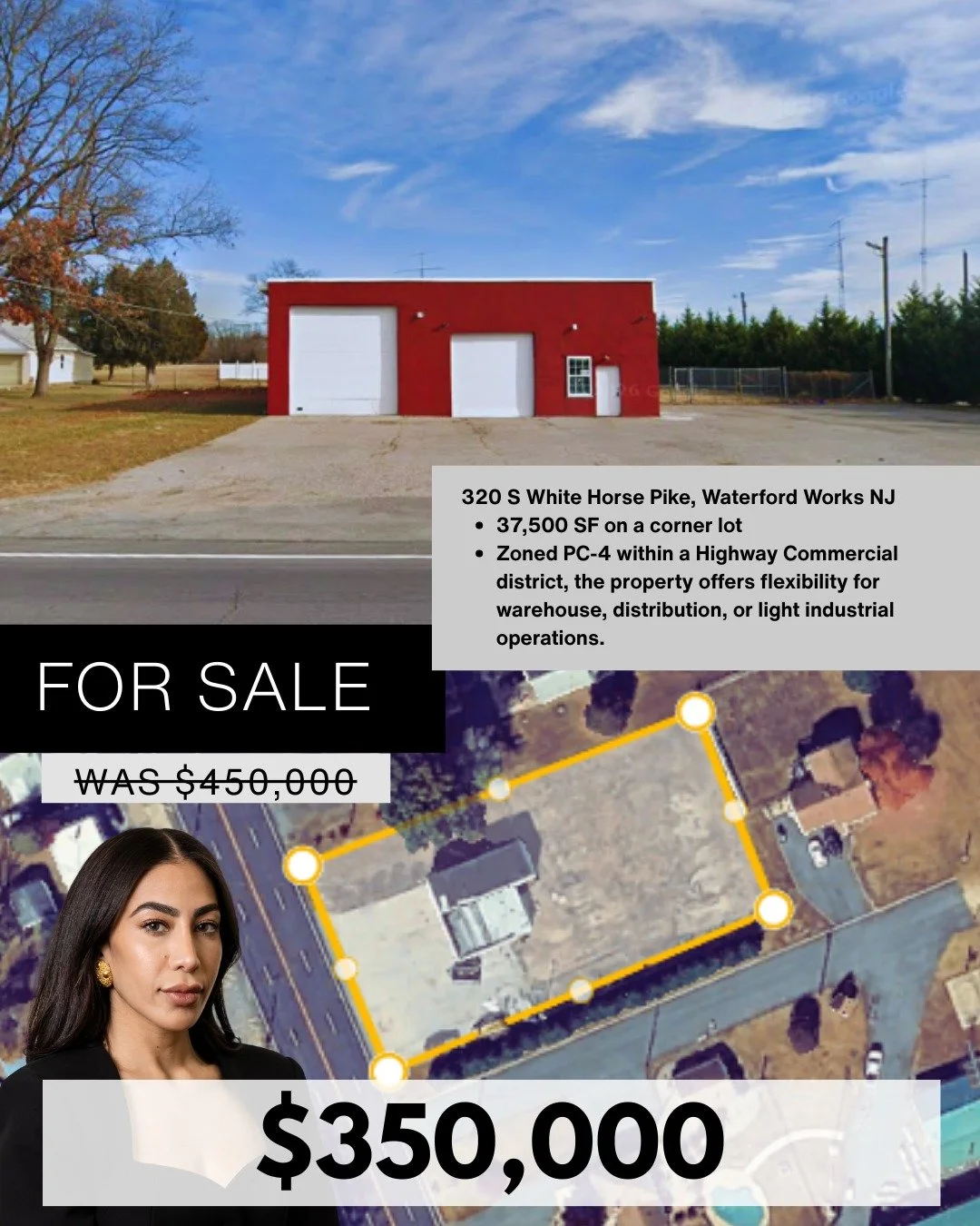 📉 PRICE DROP | NOW $350,000
📍 South White Horse Pike, Winslow Township NJ

C: (973) 525-6720
E: nadinekhalil.realestate@gmail.com

2,564 SF industrial building on a 37,500 SF corner lot with PC-4 Highway Commercial zoning, ideal for warehouse, dist