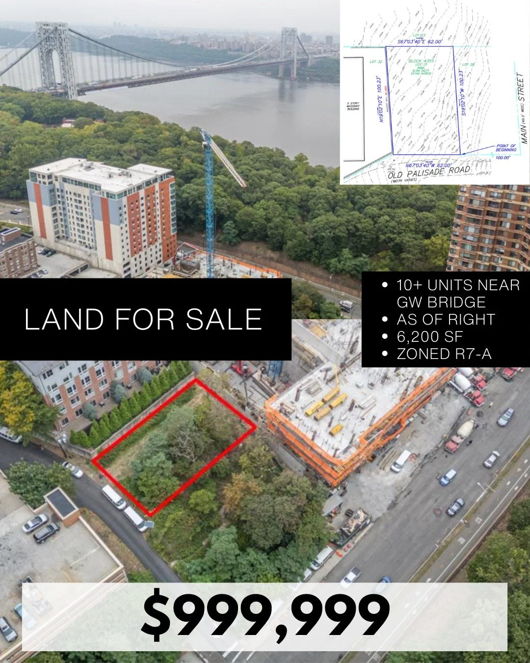Rare as-of-right multifamily opportunity on a 100&rsquo; x 62&rsquo; vacant R7-A zoned lot 🏗️

✔️ 10+ units across 3&ndash;4 stories
✔️ Just &frac14; mile to the George Washington Bridge 🌉
✔️ Offered at $999,000

Potential assemblage with 45 Main S