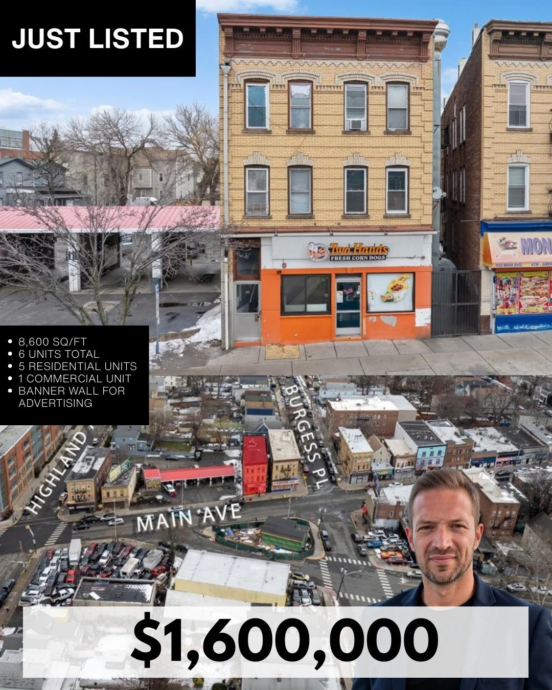 NEW OPPORTUNITY 🏙️ | 962 Main Ave, Passaic NJ

&bull; $1,600,000 List Price
&bull; 8,600 SF Building
&bull; 6 Total Units | 5 Residential + 1 Commercial
&bull; Triple Net Structure
&bull; 3 Parking Spaces
&bull; C-R Zoning
&bull; Banner Wall Adverti