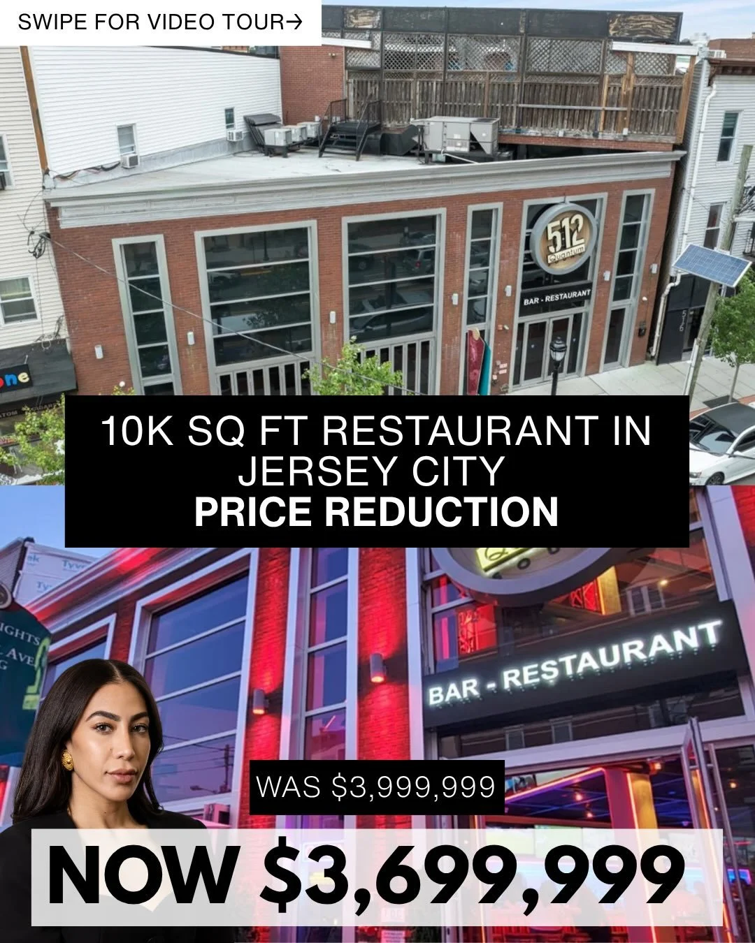PRICE DROP: 512 Paterson Plank Rd in JC

Property Highlights:
&bull; &plusmn;10,000 SF across three floors
&bull; Rooftop lounge with skyline views
&bull; Turnkey restaurant and bar build-out
&bull; Active liquor license included
&bull; Strong demogr