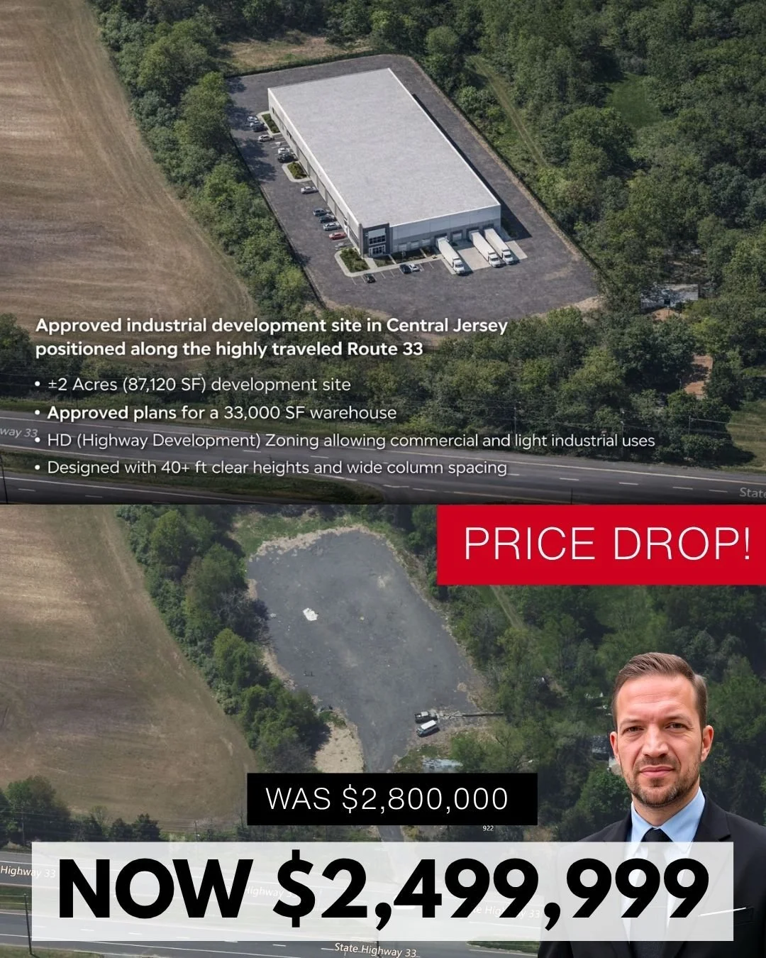 PRICE DROP: 922 Route 33, Monroe Township, NJ

Approved industrial development site in Central New Jersey positioned along the highly traveled Route 33 corridor.

&bull; &plusmn;2 Acres (87,120 SF) development site
&bull; Approved plans for a 33,000 